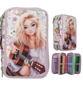 Federmäppchen mit Zeichnung eines blonden Mädchens mit Gitarre, Blumen-Dekor und gefüllt mit Buntstiften.
