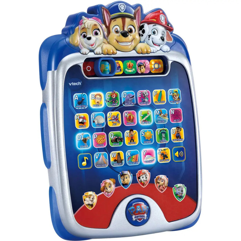 Blau-rotes VTech PAW Patrol Lern-Tablet mit Figuren-Tasten und bunten Alphabet-Tasten.