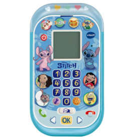 Blaues Disney Stitch Spielzeug-Handy mit Figurenbildern, Zahlenknöpfen und bunten Symbolen auf der Vorderseite.