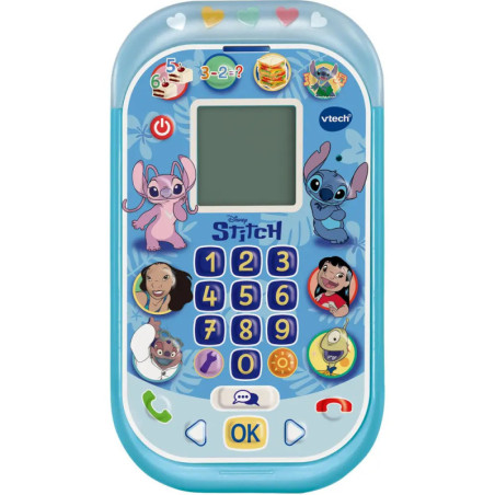 Blaues Disney Stitch Spielzeug-Handy mit Figurenbildern, Zahlenknöpfen und bunten Symbolen auf der Vorderseite.