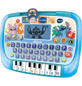 Blauer VTech Kinder-Laptop mit Stitch-Motiv, Buchstaben- und Klaviertasten am unteren Rand.