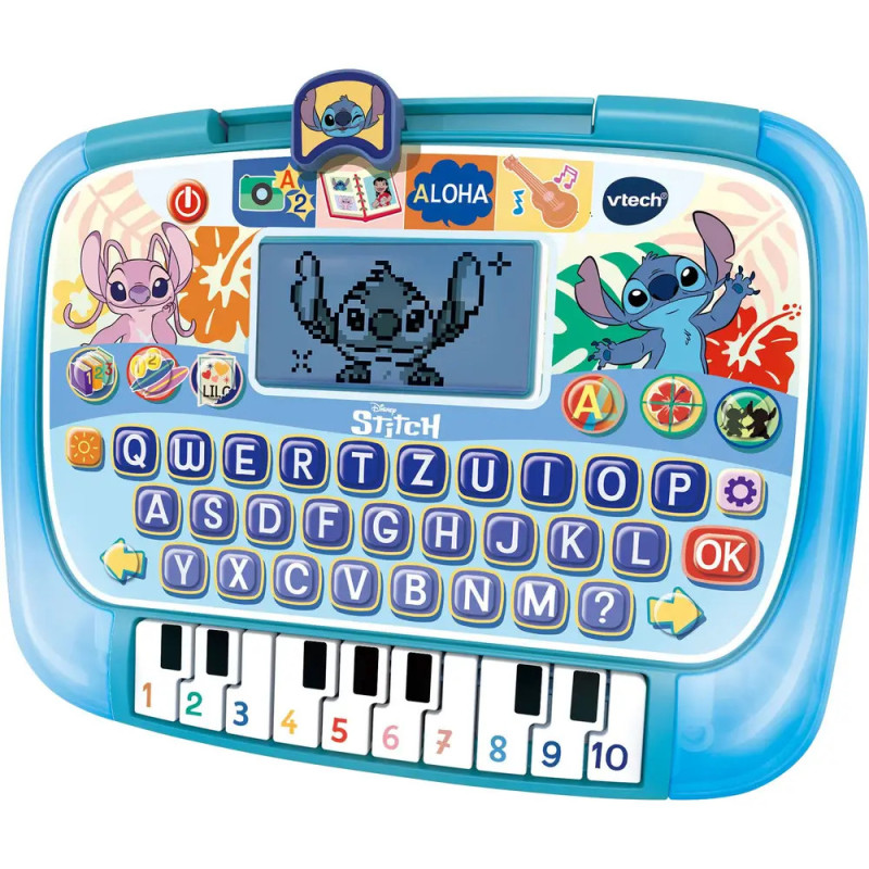 Blauer VTech Kinder-Laptop mit Stitch-Motiv, Buchstaben- und Klaviertasten am unteren Rand.