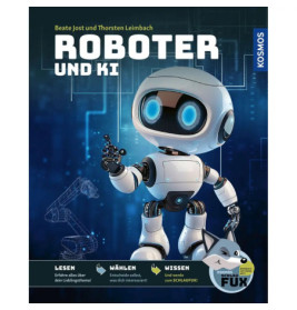 Cover eines deutschen Buchs Roboter und KI mit einem niedlichen Cartoon-Roboter auf blauem Hintergrund.