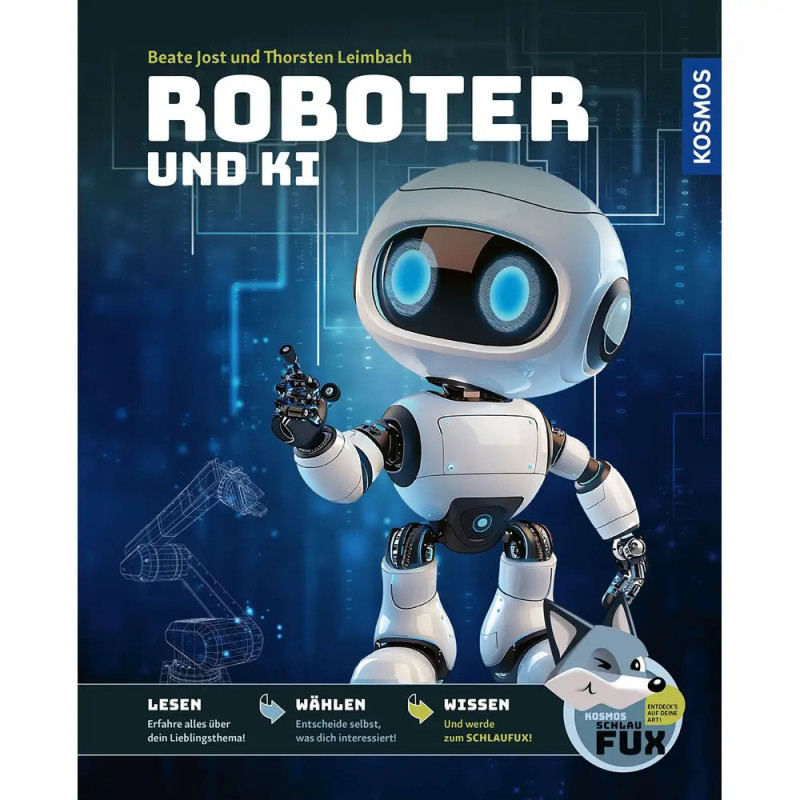 Cover eines deutschen Buchs Roboter und KI mit einem niedlichen Cartoon-Roboter auf blauem Hintergrund.
