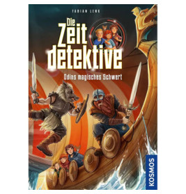 Cover von Die Zeitdetektive: Odins magisches Schwert mit Kindern und Wikingern bereit zum Kampf auf einem Schiff.