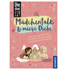 Drei Mädchen liegen lachend auf einem Bett, dazu das bunte deutsche Buchcover Mädchentalk & miese Diebe.