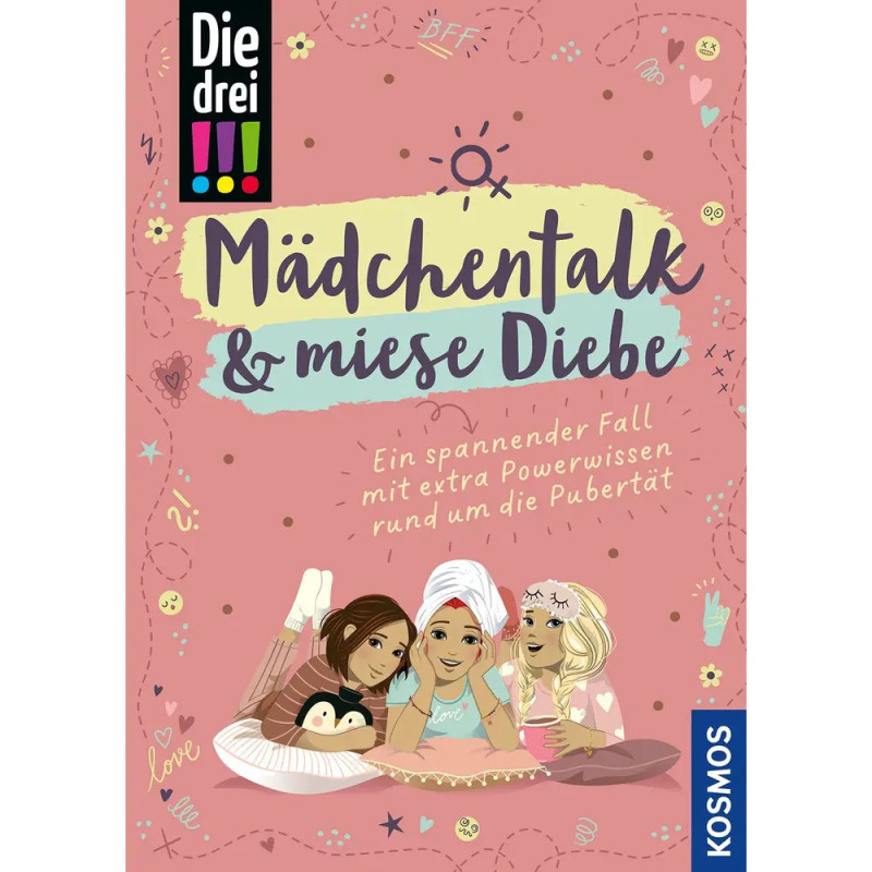 Drei Mädchen liegen lachend auf einem Bett, dazu das bunte deutsche Buchcover Mädchentalk & miese Diebe.