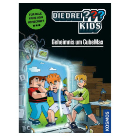 Drei Minecraft-ähnliche Cartoon-Kinder stehen vor einem leuchtenden Portal in einem unaufgeräumten Raum.