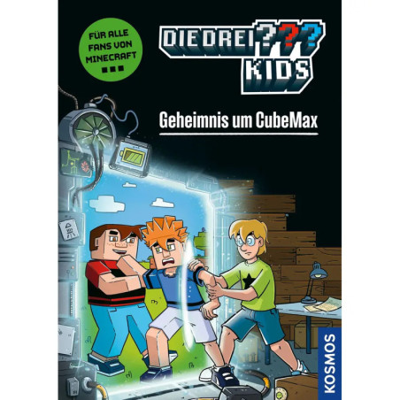 Drei Minecraft-ähnliche Cartoon-Kinder stehen vor einem leuchtenden Portal in einem unaufgeräumten Raum.