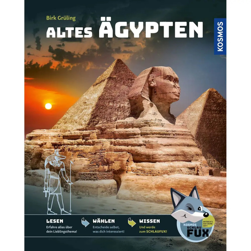 Buchcover Altes Ägypten mit Pyramiden, Sphinx und einer illustrierten altägyptischen Figur.