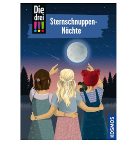 Drei Mädchen stehen nachts zusammen und zeigen auf den Vollmond am sternenklaren Himmel mit Bäumen im Hintergrund.