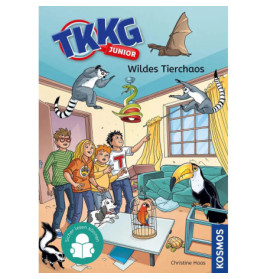 Vier Kinder in einem Raum mit Wildtieren wie Lemuren, Fledermaus, Tukan, Stinktier und fliegender Schlange.