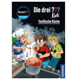 Drei gezeichnete Kinder schauen schockiert auf einen Topf, aus dem rote Dämpfe in einer Küche aufsteigen.