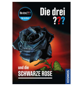 Schwarze Rose mit Totenkopf auf den Blüten vor dunklem Hintergrund Text: Die drei ??? und die schwarze Rose.