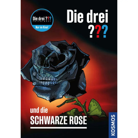 Schwarze Rose mit Totenkopf auf den Blüten vor dunklem Hintergrund Text: Die drei ??? und die schwarze Rose.
