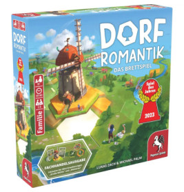 Spielschachtel von Dorfromantik: Das Brettspiel mit Windmühle, Dorf und Spielauszeichnung abgebildet.