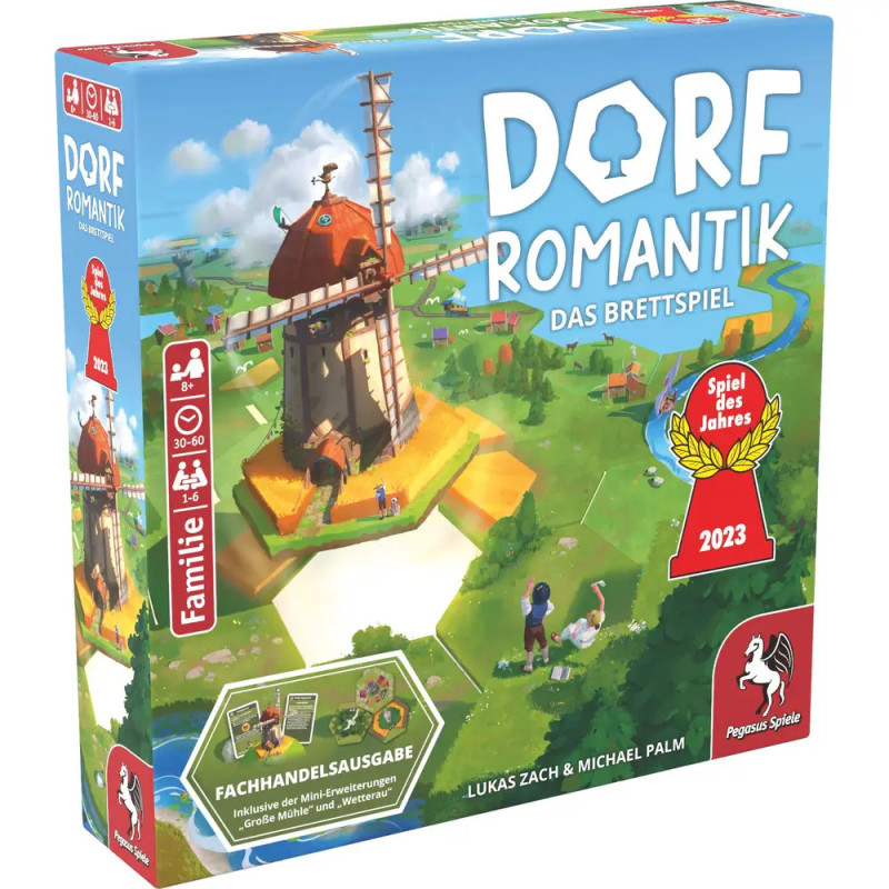 Spielschachtel von Dorfromantik: Das Brettspiel mit Windmühle, Dorf und Spielauszeichnung abgebildet.