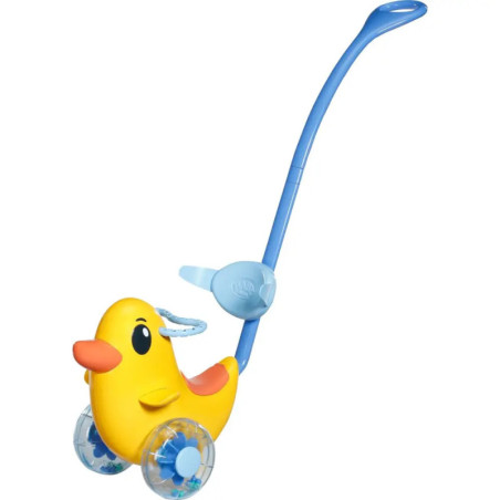 Gelbes Schiebespielzeug in Entenform mit blauen Rädern und langem blauem Griff.