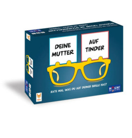 Spielschachtel mit gelber Brille, darauf deutscher Text Deine Mutter und Auf Tinder auf dunkelblauem Hintergrund.