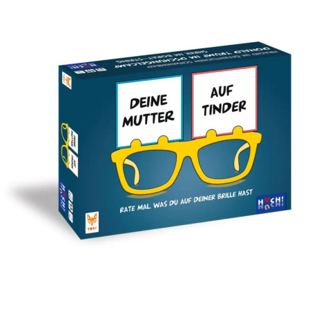 Spielschachtel mit gelber Brille, darauf deutscher Text Deine Mutter und Auf Tinder auf dunkelblauem Hintergrund. Spielschachtel mit gelber Brille, darauf deutscher Text Deine Mutter und Auf Tinder auf dunkelblauem Hintergrund.
