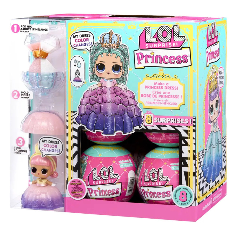 LOL Surprise Princess-Set: Box mit Farbwechsel-Puppe, Zubehör, zwei Überraschungskugeln, 8 Überraschungen.