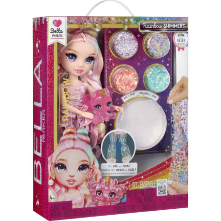 Bella Parker Rainbow Shimmers Slime-Set mit Puppe, Glitzerschleim und Zubehör in bunter Verpackung.