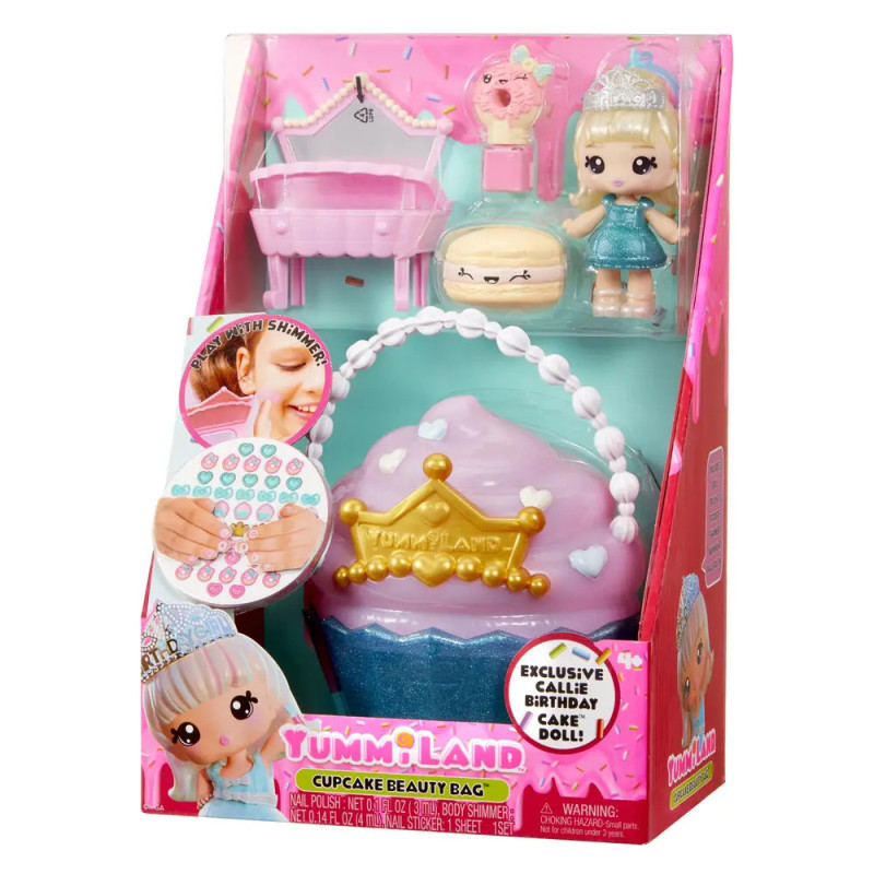 Yummiland Cupcake Beauty Bag Spielset: Puppe, Zubehör und Körperschimmer in rosa-blauer Verpackung.