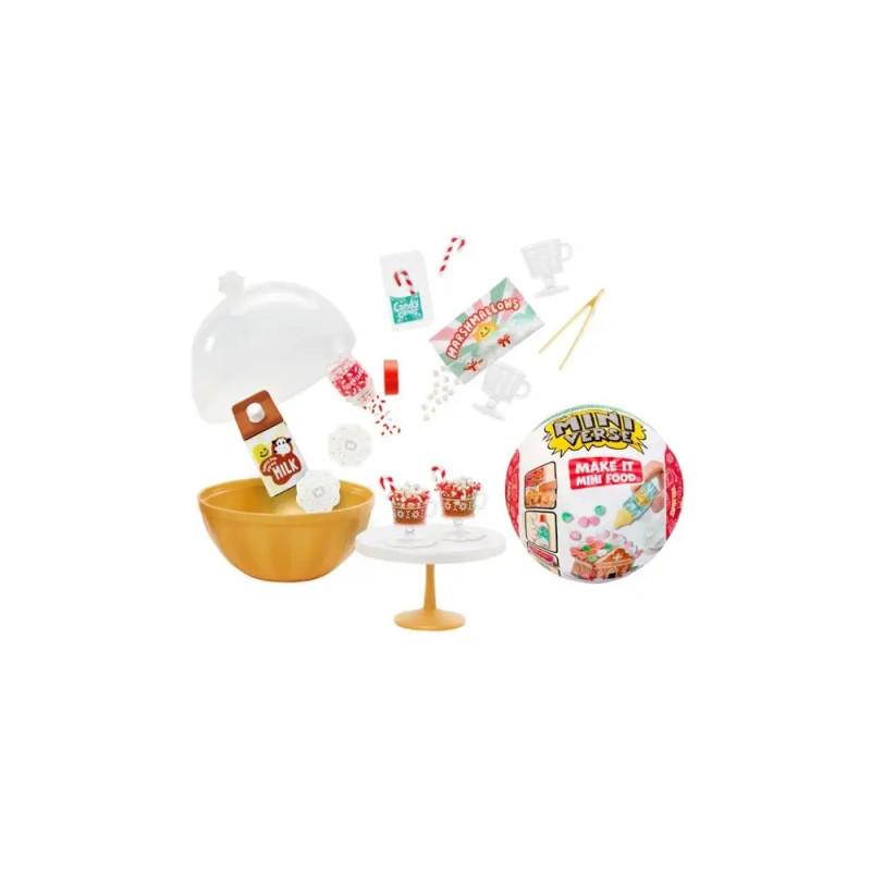 Miniatur-Backset mit kleinen Cupcakes, Backutensilien und Zubehör um eine gelbe Schüssel und einen Ständer zu arrangieren.