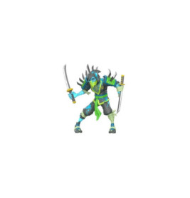 Actionfigur eines blauen Ninjas mit Schwertern, Stachelrüstung und grün-schwarzer Kleidung in dynamischer Pose.