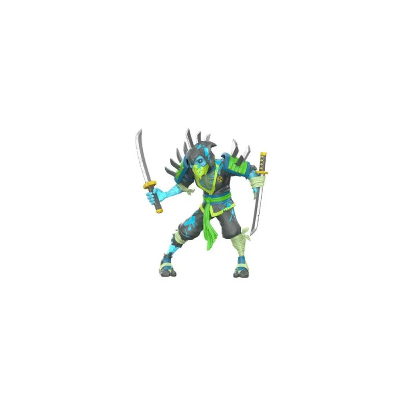 Actionfigur eines blauen Ninjas mit Schwertern, Stachelrüstung und grün-schwarzer Kleidung in dynamischer Pose.