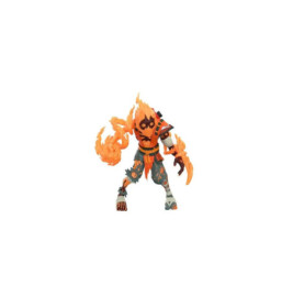 Feurige humanoide Figur mit orangen Flammen, Stammeszeichen und zerrissener Kleidung in dynamischer Pose.