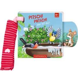 Buntes deutsches Babybuch mit Vögeln in der Badewanne und einer Maus, Titel: PITSCH! PATSCH! Wer ist da?.