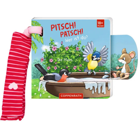 Buntes deutsches Babybuch mit Vögeln in der Badewanne und einer Maus, Titel: PITSCH! PATSCH! Wer ist da?.