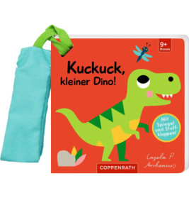 Rotes Babybuch mit grünem Dinosaurier, blauem Stoffgriff und deutschem Text, geeignet ab 9 Monaten.