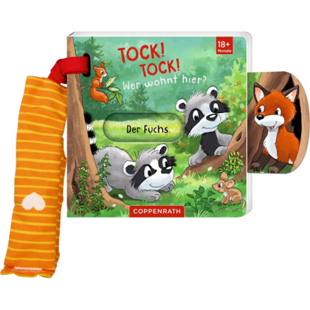 Kinderbuch mit Waschbären, Fuchs, Maus und Eichhörnchen, deutschsprachigem Einband, gelber Streifenhenkel.