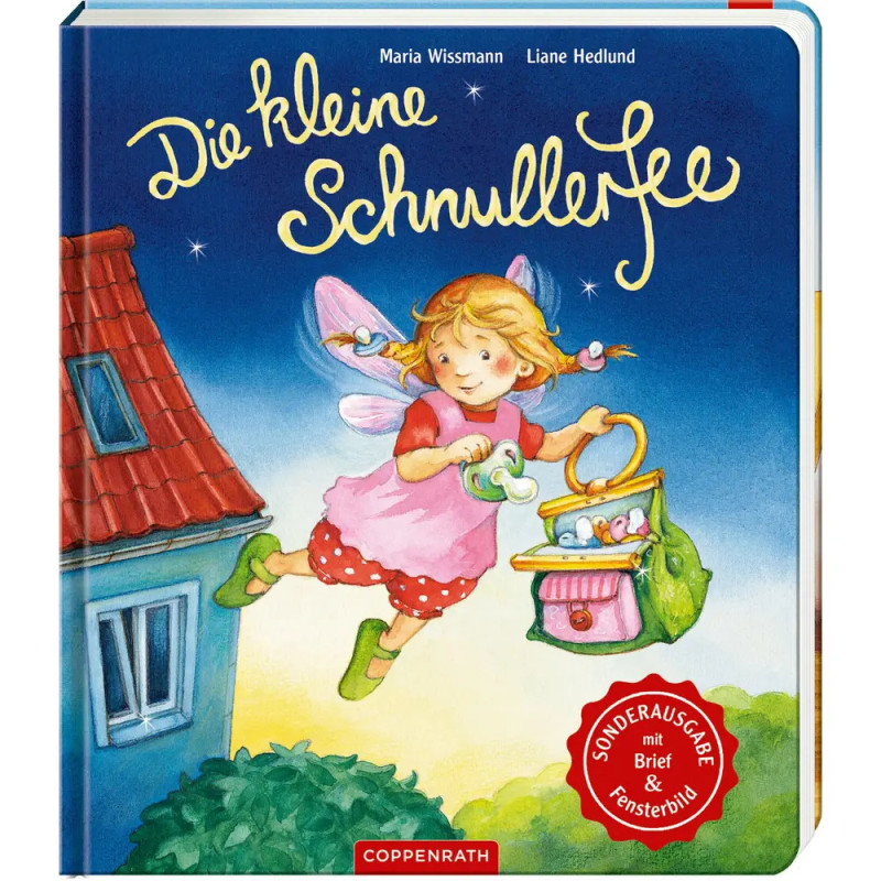 Titelbild eines deutschen Kinderbuchs: Eine Feenfigur fliegt mit Korb an einem Fenster vorbei.