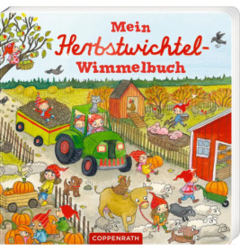 Bunte Herbstszene auf dem Bauernhof mit erntenden Gnomen, Tieren, Kürbissen und einem grünen Traktor.