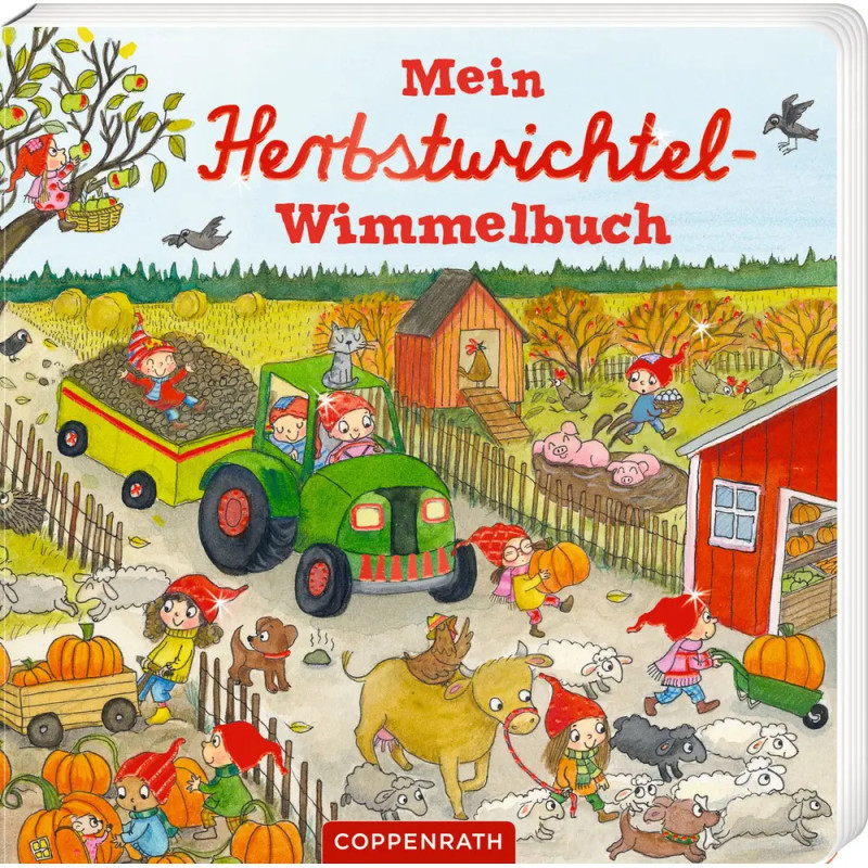Bunte Herbstszene auf dem Bauernhof mit erntenden Gnomen, Tieren, Kürbissen und einem grünen Traktor.