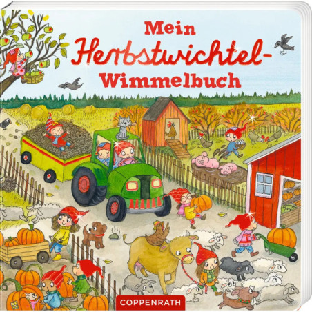 Bunte Herbstszene auf dem Bauernhof mit erntenden Gnomen, Tieren, Kürbissen und einem grünen Traktor.