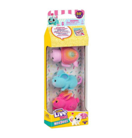 Little Live Pets NeeDooz: Spielzeugbox mit rosa Hase, blauer Maus und lila Schildkröte.