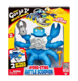 Blue Goo Jit Zu Hydro-Sting Battle Scorpion im Karton, mit Schere, Rüstung und der Aufschrift Super Stretchy.