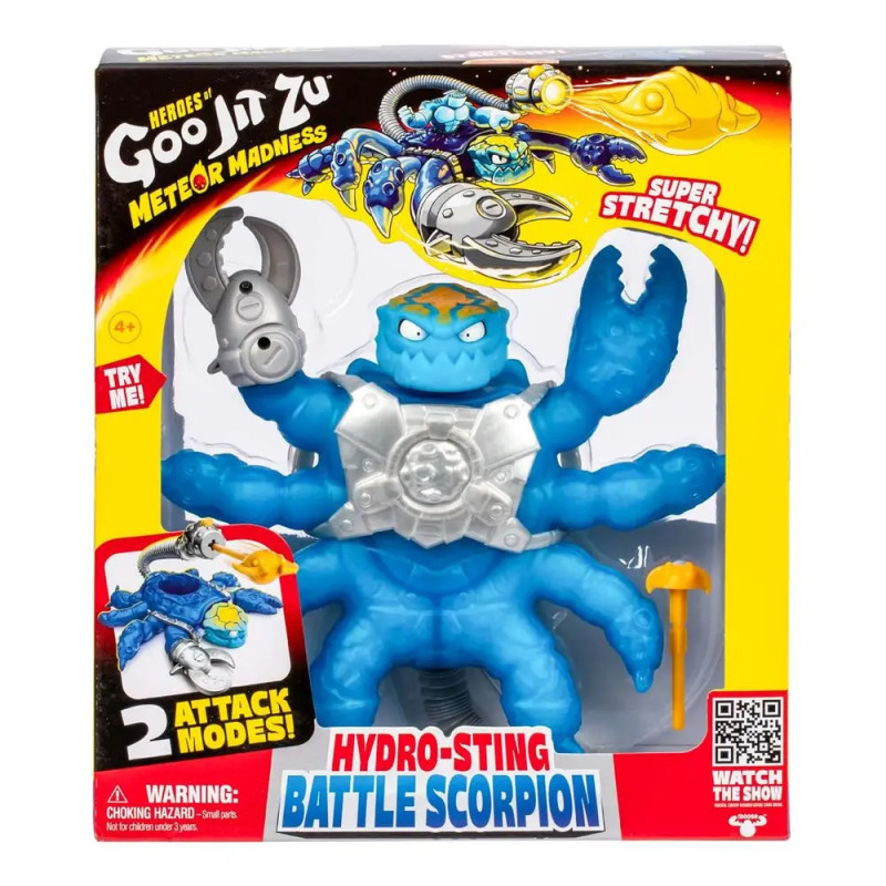 Blue Goo Jit Zu Hydro-Sting Battle Scorpion im Karton, mit Schere, Rüstung und der Aufschrift Super Stretchy.
