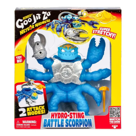 Blue Goo Jit Zu Hydro-Sting Battle Scorpion im Karton, mit Schere, Rüstung und der Aufschrift Super Stretchy.