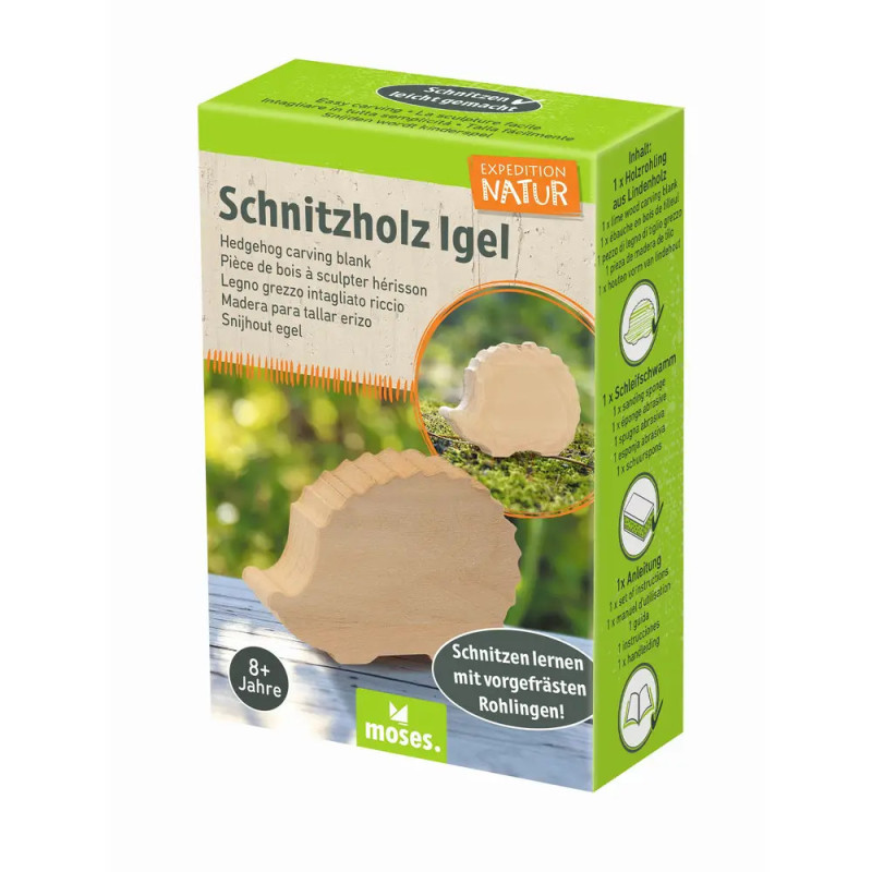 Schachtel eines Holz-Schnitzsets Schnitzholz Igel für Kinder ab 8 Jahren.