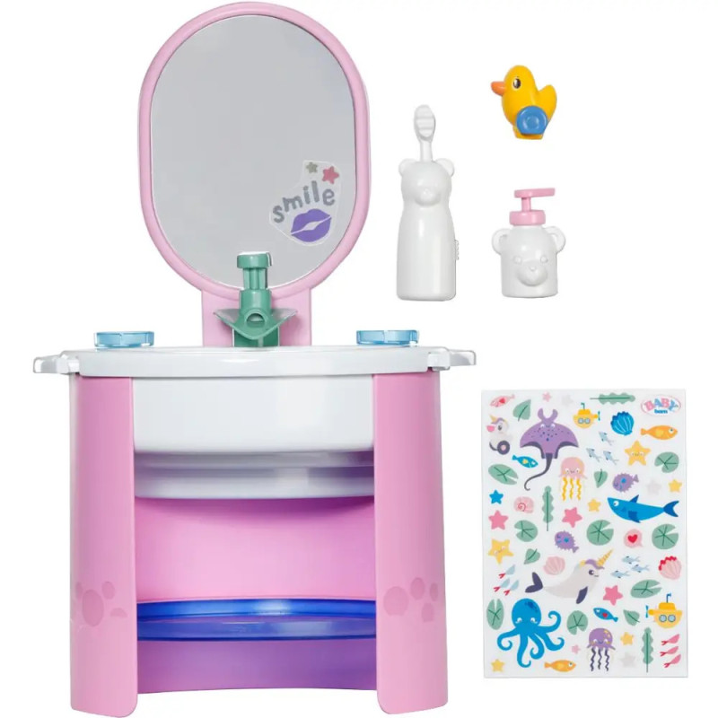 Rosa Spielzeug-Frisiertisch mit Spiegel, Wasserhahn, Zubehör, gelber Ente und buntem Ozean-Stickerbogen.