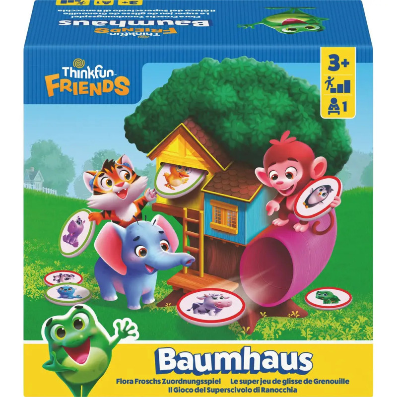 Bunte ThinkFun Friends Baumhaus-Spielbox mit Tierfiguren, Baumhaus und Altersempfehlung ab 3 Jahren.