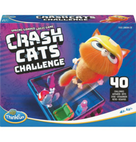 Crash Cats Challenge: Karton zeigt eine Comic-Katze mit Helm, die über ein Spielbrett springt.