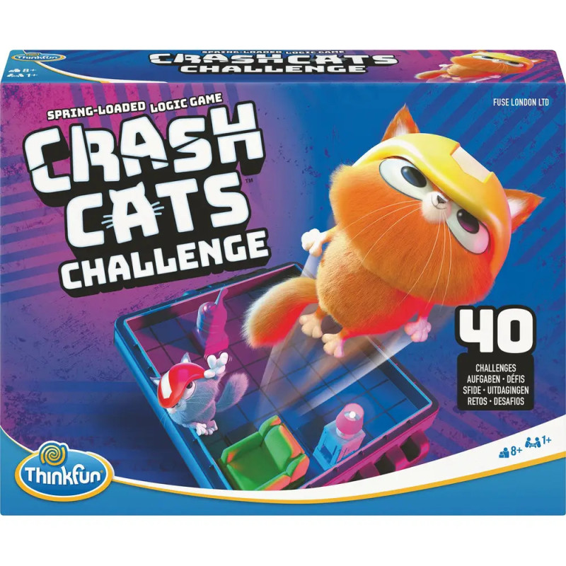 Crash Cats Challenge: Karton zeigt eine Comic-Katze mit Helm, die über ein Spielbrett springt. Crash Cats Challenge: Karton zeigt eine Comic-Katze mit Helm, die über ein Spielbrett springt.
