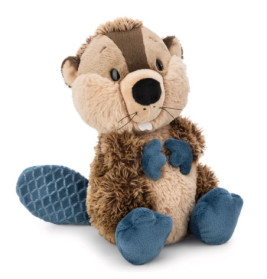 Plüsch-Biberspielzeug mit blauen Füßen, Händen und Schwanz sitzt aufrecht und lächelt.