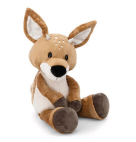 Braunes und weißes Plüschreh mit großen Ohren, schwarzer Nase und kleinen weißen Flecken auf dem Kopf.